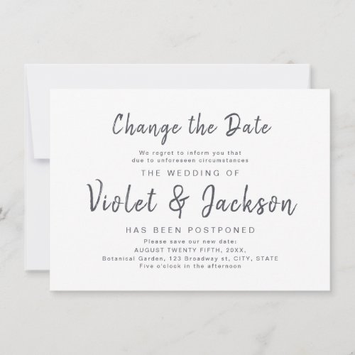 minimalist script change the date postponement invitation