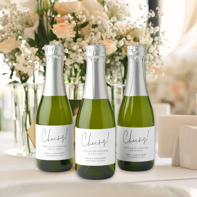 Minimalist Script Cheers Name Wedding favor Sparkling Wine Label (Creator Uploaded)