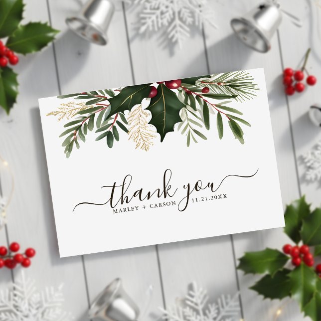 Minimalist Script Christmas Greenery Wedding Thank You Card (Creator Uploaded)