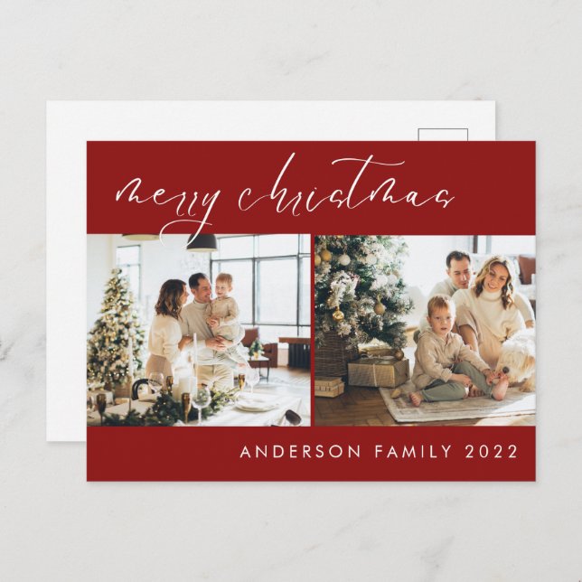 Minimalist Script Christmas Greeting | Red Postcard (Front/Back)