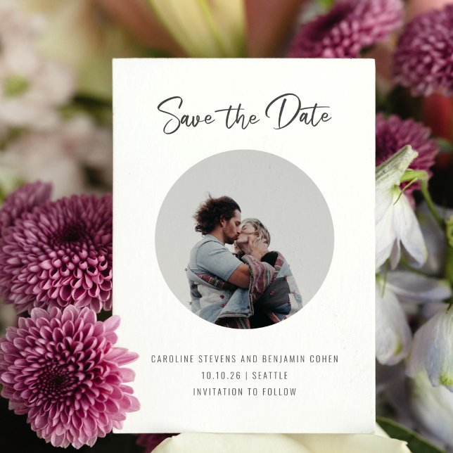 Minimalist Script Circle Photo Wedding Couple Save The Date (Creator Uploaded)