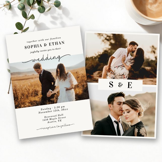 Minimalist Script Classic Beige Photo Wedding Invitation (Creator Uploaded)