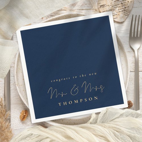 Minimalist Script Congrats Navy Gold Wedding Napkins