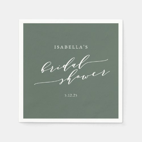 Minimalist Script Custom Bridal Shower Dark Sage Napkins