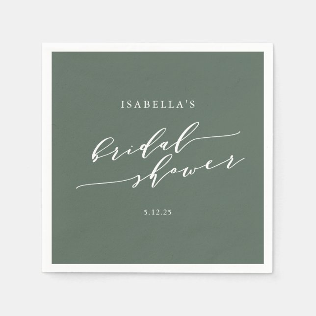 Minimalist Script Custom Bridal Shower Dark Sage Napkins (Front)