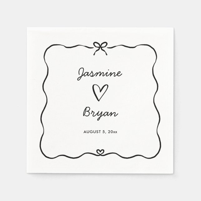 Minimalist Script Cute Bow Heart Frame Wedding Napkins (Front)