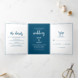 Minimalist Script Dark Blue & White Wedding Tri-Fold Invitation