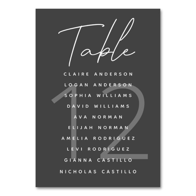 Minimalist Script Dark Gray Wedding Seating Chart Table Number (Front)