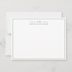 Minimalist Script Dark Green Border Monogram Note Card