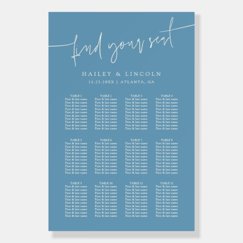 Minimalist Script Denim Blue Wedding Seating Chart Foam Board