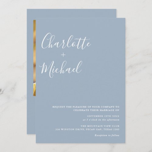 Minimalist Script Dusty Blue Photo Wedding Invitation