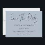 Minimalist Script Dusty Blue Save The Date<br><div class="desc">Minimalist Script Dusty Blue Save The Date.  Simple elegance with Save The Date in a modern set script.The rest of the text you can easily personalise.Shown here in black on Dusty blue however the text and background colors can be changed if you wish via the customise further option.</div>