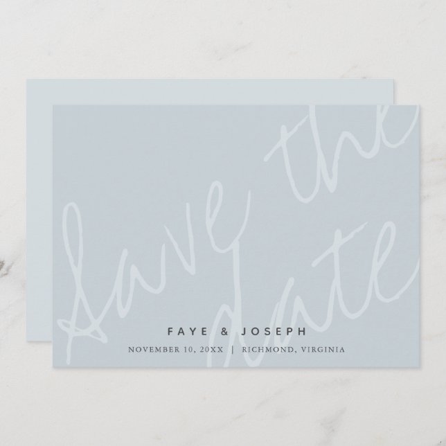 Minimalist Script Dusty Blue Save the Date Card (Front/Back)