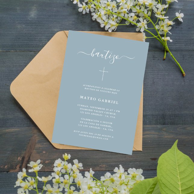 Minimalist Script Dusty Blue Spanish Bautizo Hijo Invitation (Creator Uploaded)