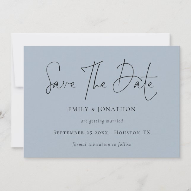 Minimalist Script Dusty Blue Wedding Save The Date (Front)