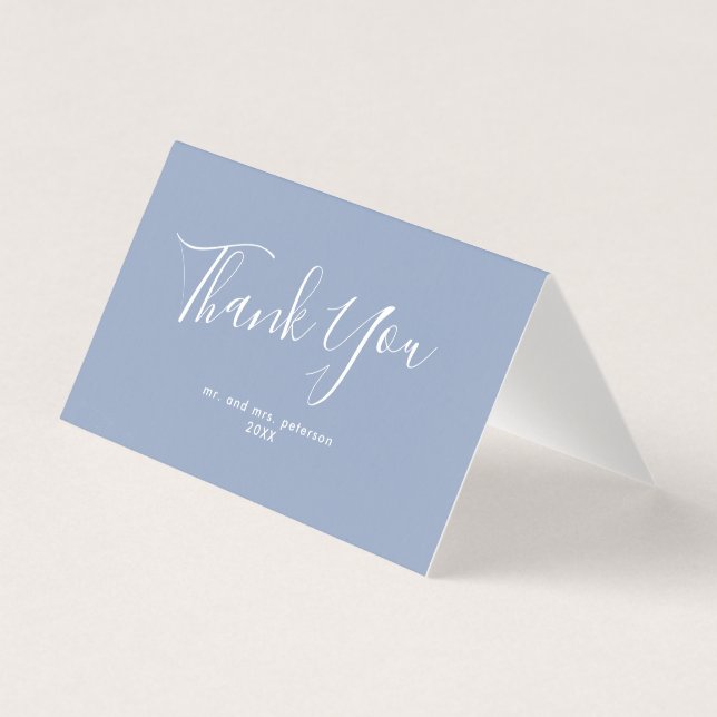 Minimalist Script Dusty Blue Wedding Thank You (Front)