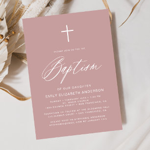 Minimalist Script Dusty Pink Simple Baptism Invitation