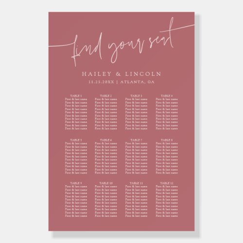 Minimalist Script Dusty Pink Wedding Seating Chart Foam Board