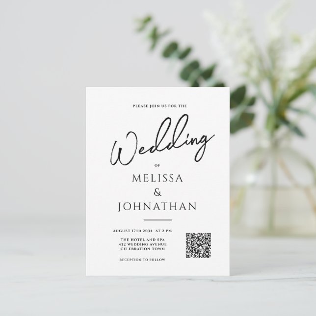 Minimalist Script Elegant QR Code Wedding Invitation Postcard (Standing Front)