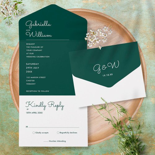 Minimalist Script Emerald Green Monogram Wedding All In One Invitation