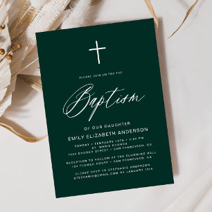 Minimalist Script Emerald Green Simple Baptism Invitation
