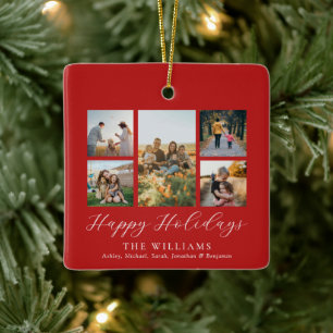 Minimalist Script Family Photo Collage Ceramic Ornament