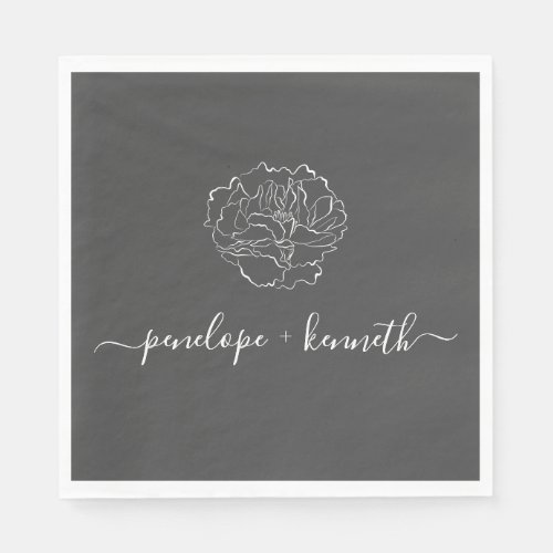 Minimalist Script Flower Black and White Wedding Napkins