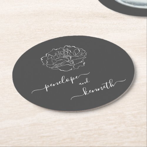 Minimalist Script Flower Black and White Wedding  Round Paper Coaster