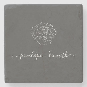 Minimalist Script Flower Black White Personalized Stone Coaster