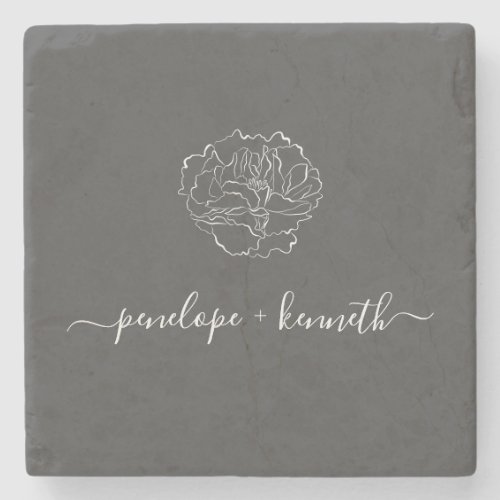 Minimalist Script Flower Black White Personalized Stone Coaster