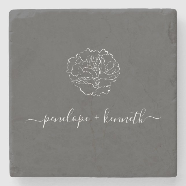 Minimalist Script Flower Black White Personalized Stone Coaster (Front)