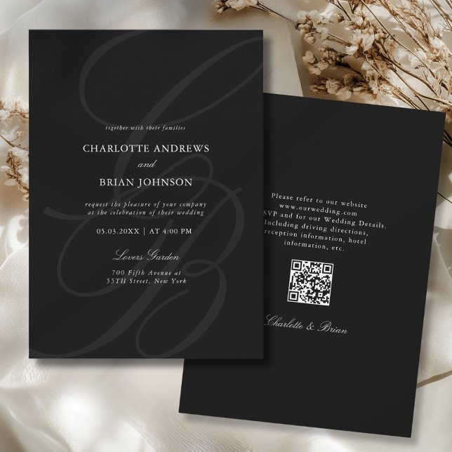 Minimalist Script Font Monogram QR Code Wedding Invitation (Minimalist Script Font Monogram QR Code Black White Gray Wedding Invitation)