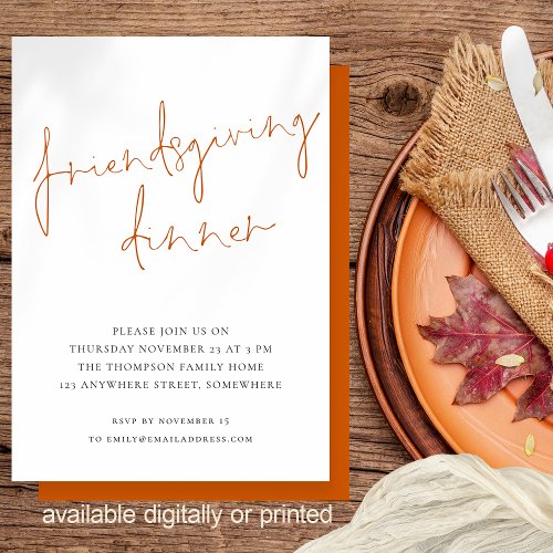 Minimalist Script Friendsgiving Dinner Orange Invitation