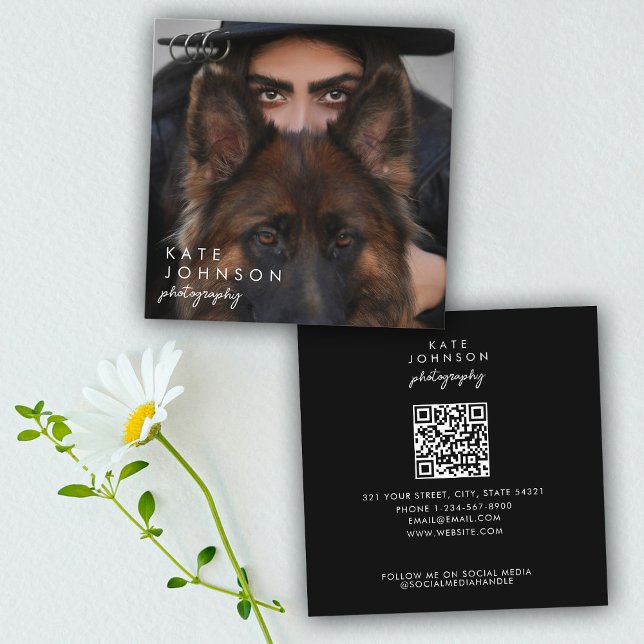 Minimalist Script Full Photo QR Code Social Media Square Business Card (Minimalist Script Full Photo QR Code Social Media Square Business Card)