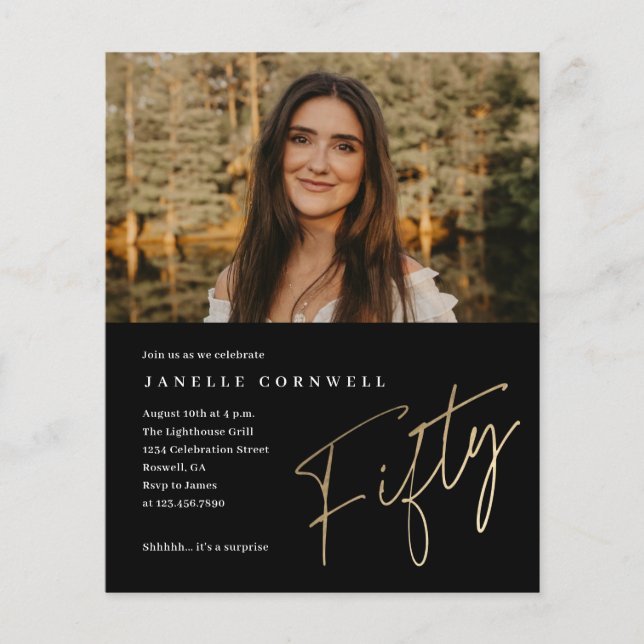 Minimalist Script Gold 50th Photo Birthday Invite (Front)