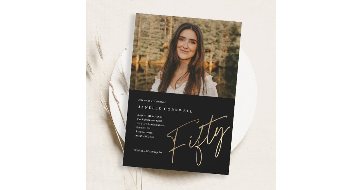50th Script Minimalist Script Gold 50th Photo Birthday Magnetic Invitation | Zazzle
