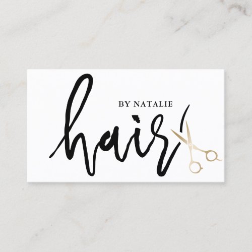 Minimalist Script Gold Scissor Hair Stylist Salon Business Card