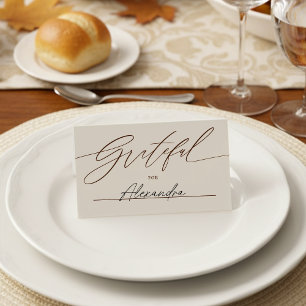 Minimalist Script Grateful For Thanksgiving  Place Card