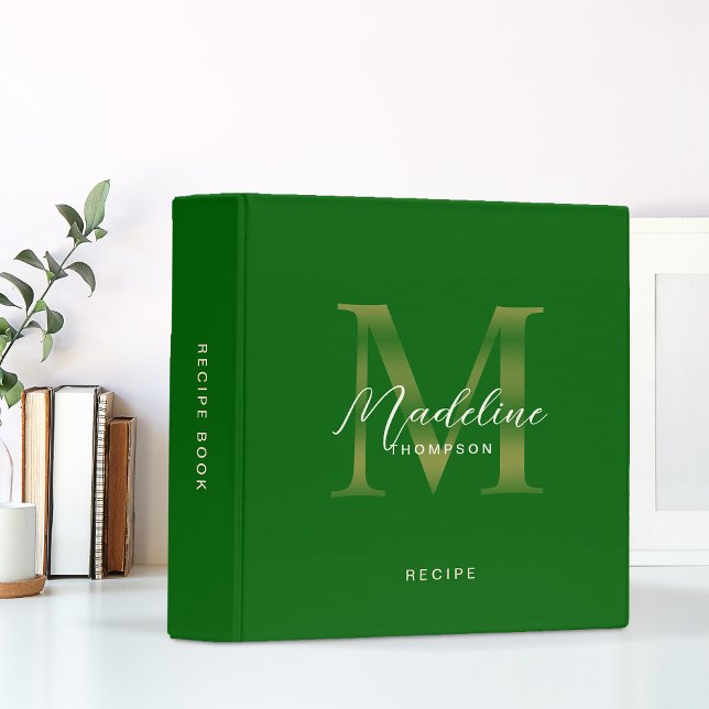 Minimalist Script Green Gold Monogram Recipe 3 Ring Binder (Creator Uploaded)
