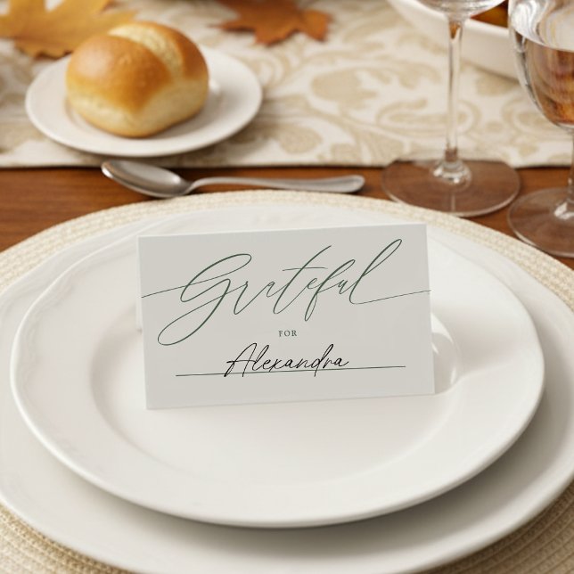 Minimalist Script Green Grateful For Thanksgiving  Place Card (Creator Uploaded)