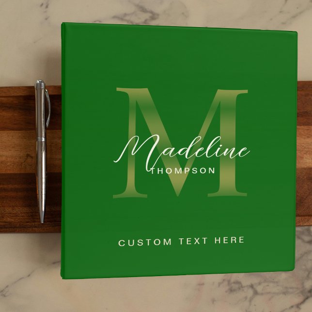 Minimalist Script Green Metallic Gold Monogram 3 Ring Binder (Creator Uploaded)