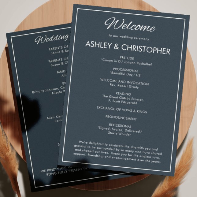 Minimalist Script Gunmetal Blue Wedding Program (Creator Uploaded)