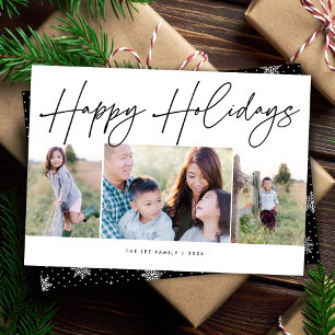 Minimalist Script Happy Holidays 3 Photo Christmas Holiday Card