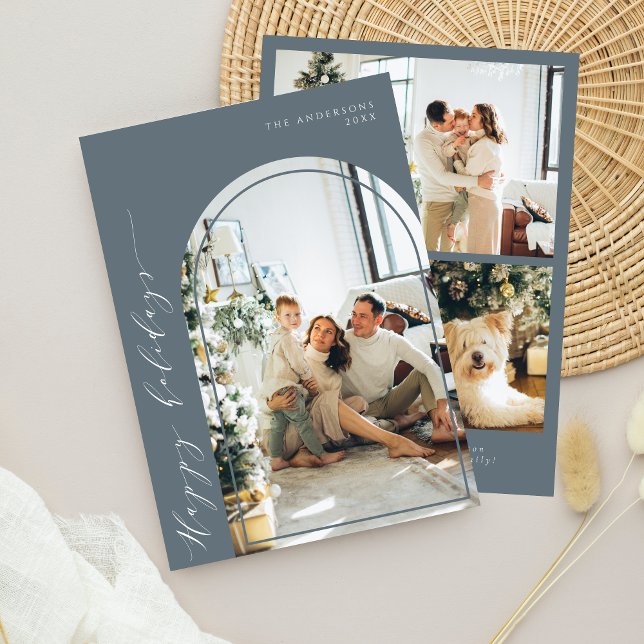 Minimalist Script Happy Holidays Photo Blue Gray Holiday Card (Creator Uploaded)