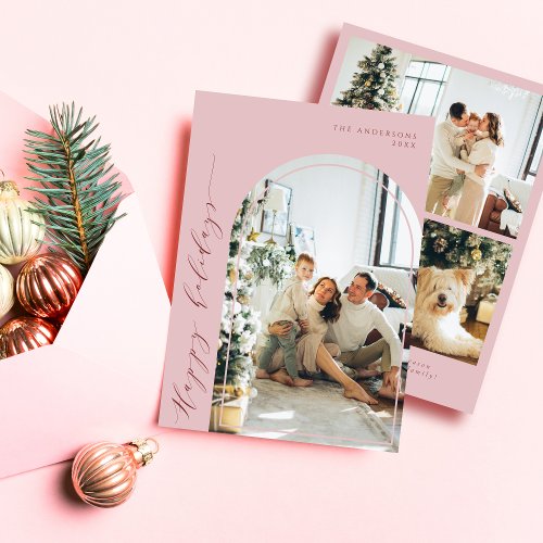 Minimalist Script Happy Holidays Photo Dusty Pink Holiday Card