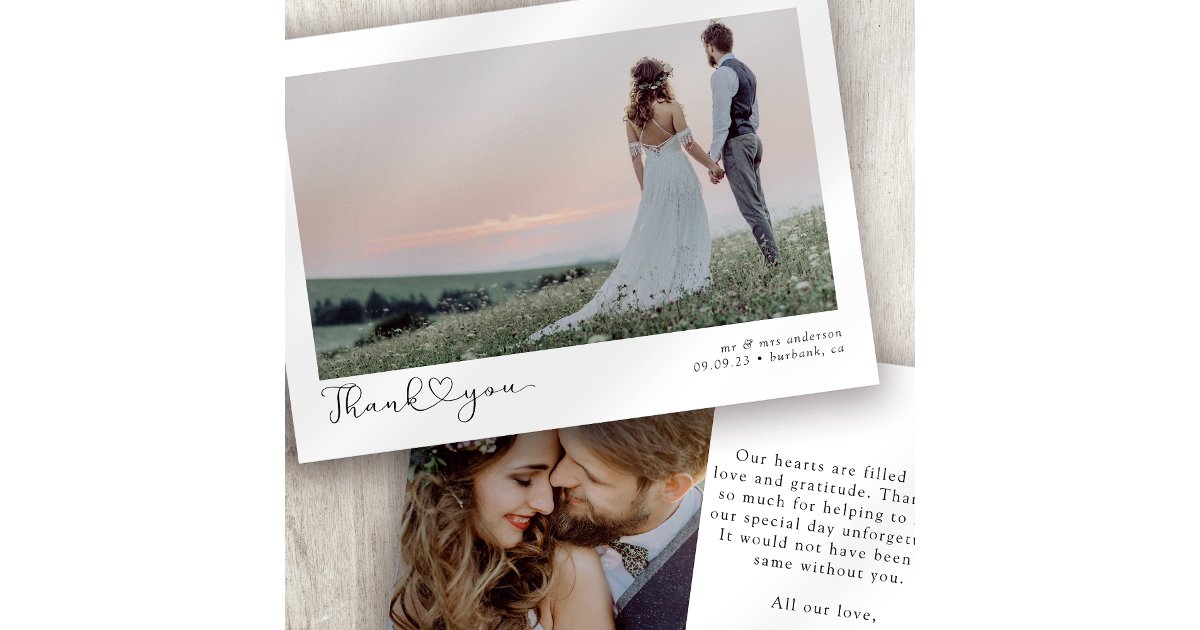 Minimalist Script Heart Wedding Photo Thank You Card | Zazzle