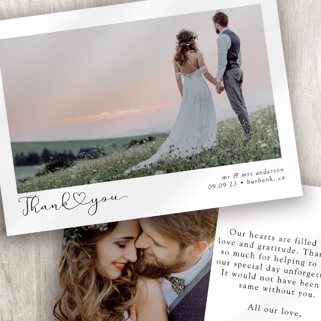 Minimalist Script Heart Wedding Photo Thank You Card | Zazzle
