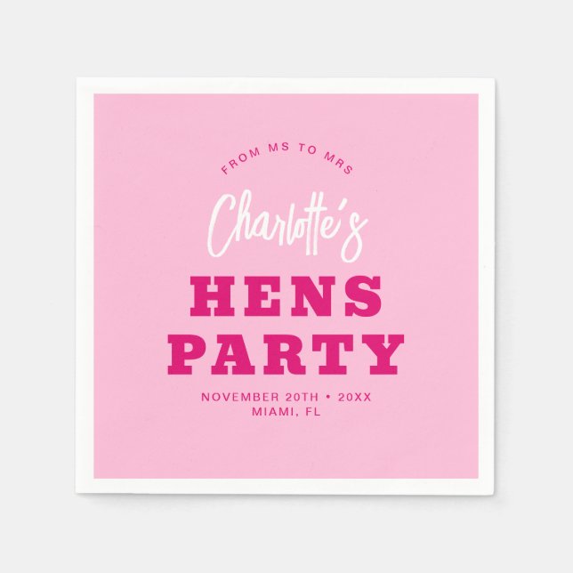 Minimalist Script Hot Pink Modern Hens Party Napkins (Front)