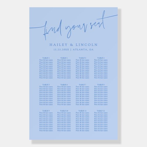 Minimalist Script Icy Blue Wedding Seating Chart Foam Board