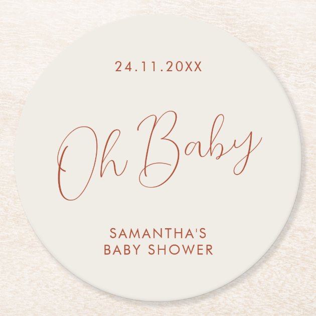 Minimalist Script ivory Baby Shower day Round Paper Coaster